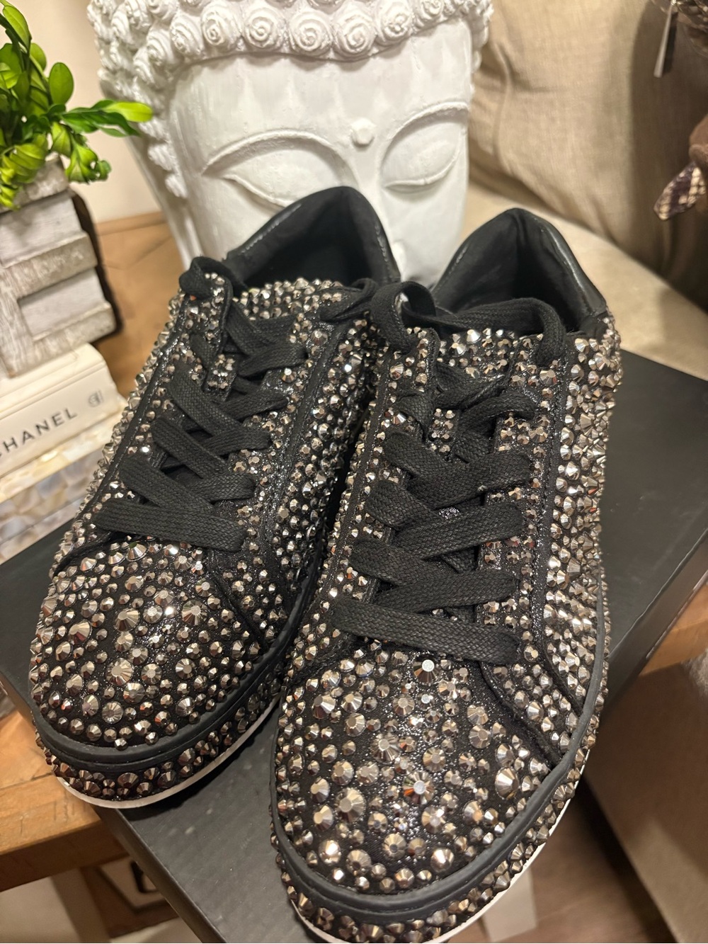 INC International Concepts Black Crystal-Studded Lace-Up Sneakers